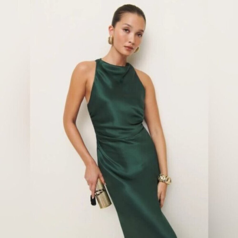 NEW Reformation Anaiis Long Silk Dress Forest Dark Green | US 6 UK 10 - Picture 12 of 14